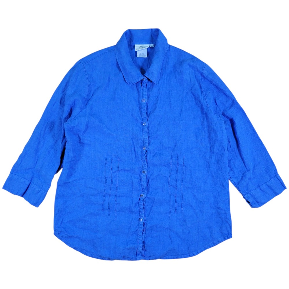 Hot Cotton 100% Linen Button Top Women M Blue 3/4 Sleeve Pintuck Coastal Minimal